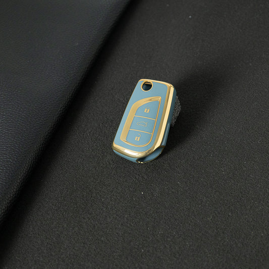 TOA1T1 Granny Grey-Gold Plating Car Key Cover Premium Soft TPU Car Key Case Cover Shell for Toyota COROLLA camry LEVIN REIZ highlander RAV4 Fold Key Rings Keychain Bag