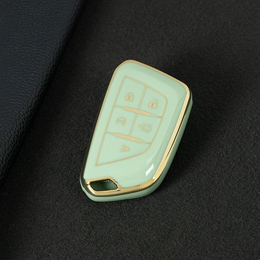 CAB1T1 Green-Gold Plating TPU Premium Soft Car Key Case Cover Shell for Cadillac XT5 XT4 XT6 CT5 CT6 CT4 XTS ATSL SRX Key Ring Keychain Bag Accessory