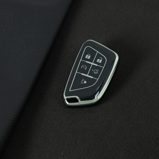 CAB1T1 Black-Silver Plating TPU Premium Soft Car Key Case Cover Shell for Cadillac XT5 XT4 XT6 CT5 CT6 CT4 XTS ATSL SRX Key Ring Keychain Bag Accessory