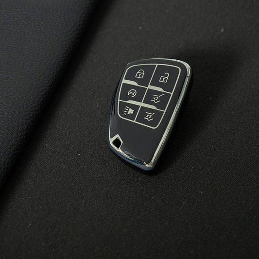 CEV4T1 Black-Silver Plating 6-button Car Remote Key Case TPU Soft Key Fob Cover Smart Key Shell Holder Compatible with GMC Chevy Buick