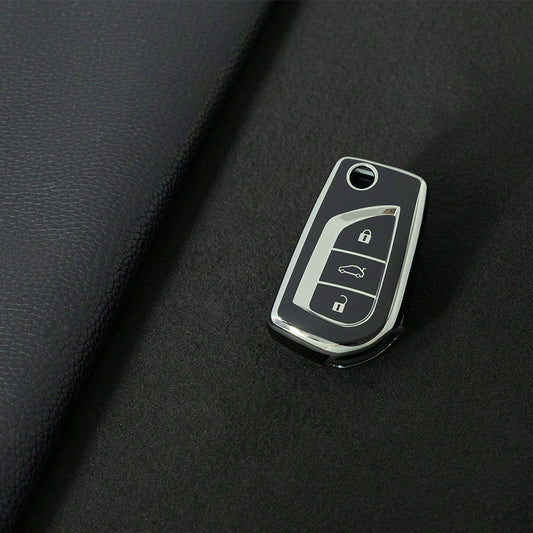 TOA1T1 Black-Silver Plating Car Key Cover Premium Soft TPU Car Key Case Cover Shell for Toyota COROLLA camry LEVIN REIZ highlander RAV4 Fold Key Rings Keychain Bag