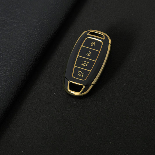 HYS1T1 Black-Gold Plating TPU Car Key Fob Case Key Fob Cover Keychain For Hyundai I30 Ix35 KONA Encino Solaris Azera Grandeur Ig Accent Santa Fe Palisade