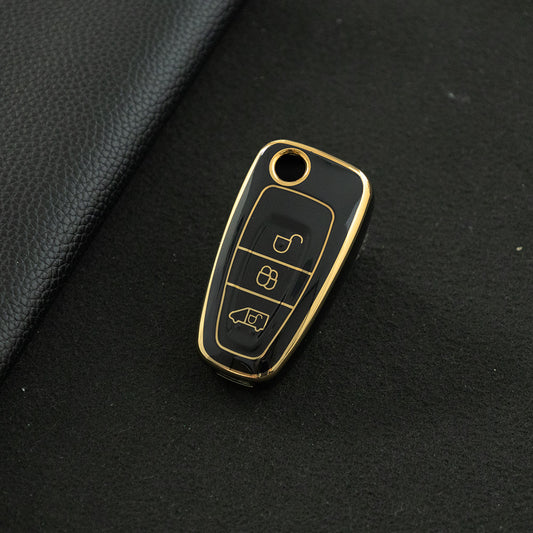 FOD3T1 Black-Gold Plating Car Key Cover TPU Car Folding Key Case Cover Bag Keychain for Ford Focus C-Max S-Max Galaxy Mondeo Ranger Transit Tourneo Custom