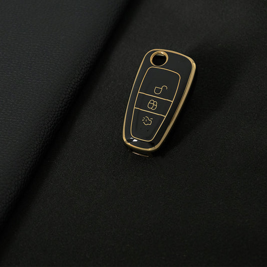 FOD1T1 Black-Gold Plating Car Key Cover TPU Car Folding Key Case Cover Bag Keychain for Ford Focus C-Max S-Max Galaxy Mondeo Ranger Transit Tourneo Custom