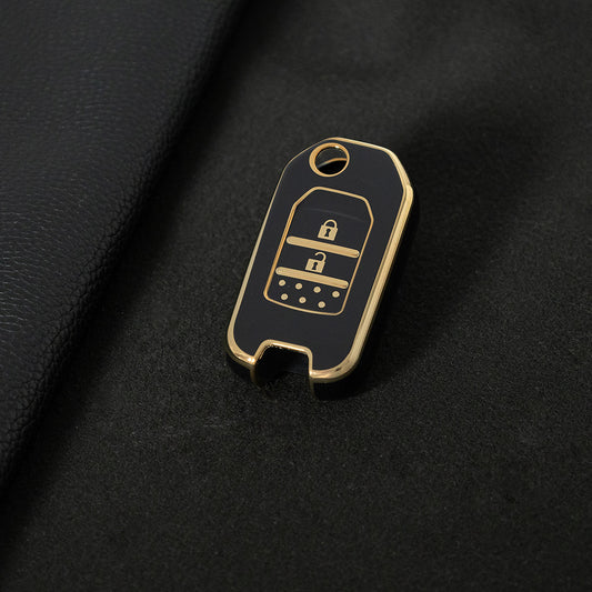 HOC2T1 Black-Gold Plating Car Key Cover For Honda Accord Civic CR-V HR-V HRV Crider Jade Odyssey Car TPU Folding Key Cover Bag Case Shell Holder Protector 2 Buttons