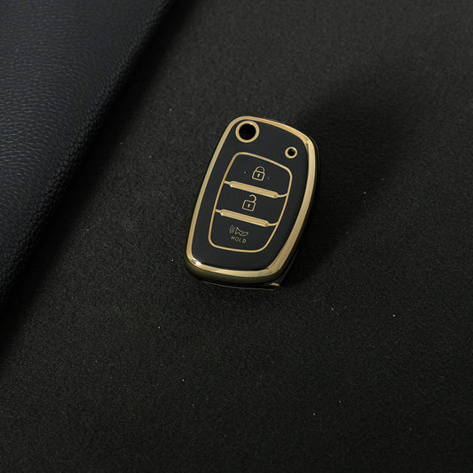 HYF4T1 Black-Gold Plating TPU Car Key Case Cover for Hyundai Elantra Sonata Kia Forte Optima Spectra 3 Button Protector
