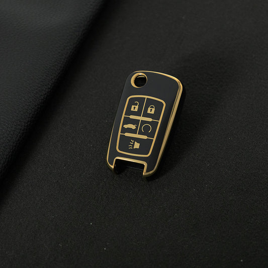 CED5T1 Black-Silver Plating Gold/Silver Edge 5-Button TPU Key Cover for Chevrolet Cruze Camaro Buick Regal Excelle, Protective Key Case
