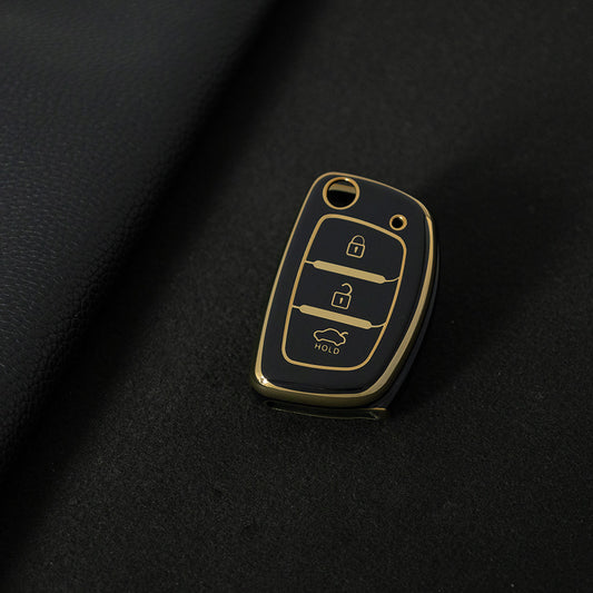 HYF2T1 Black-Gold Plating Car Accessories TPU Remote Car Key Case Cover Auto Key Shell Fob Holder Compatible with Hyundai Ix25 Ix35 Elantra Mistra