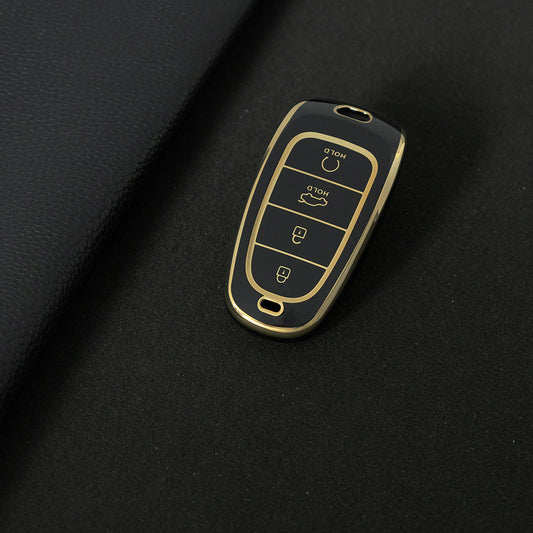 HYE2T1 Black-Gold Plating New Fashion TPU Car Key Case Fob Remote Cover Shell Holder for Hyundai Santa Fe Tucson 2022 NEXO NX4 Atos Prime Solaris 2021
