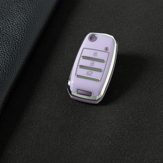 KIE1T1 Purple-Silver Plating Car Key Cover Fashionable Soft TPU Key Fob Cover for Kia Rio K3 2014-2016 Model-Year Protective Car Key Accessory