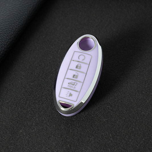 NIB6T1 Purple-Silver Plating Car Key Cover Silver Edge TPU Car Key Cover Keychain Fob Case Accessories for Nissan Note Qashqai Pathfinder Rogue Versa Infiniti Q50 Kia