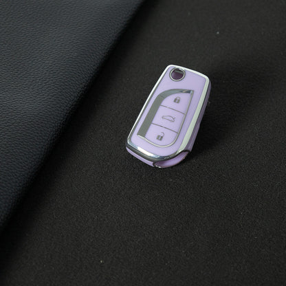 TOA1T1 Purple-Silver Plating Car Key Cover Premium Soft TPU Car Key Case Cover Shell for Toyota COROLLA camry LEVIN REIZ highlander RAV4 Fold Key Rings Keychain Bag