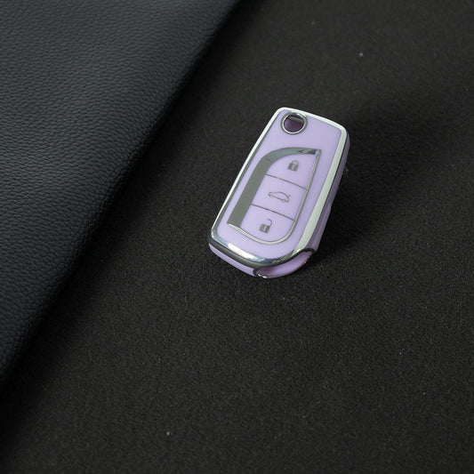 TOA1T1 Purple-Silver Plating Car Key Cover Premium Soft TPU Car Key Case Cover Shell for Toyota COROLLA camry LEVIN REIZ highlander RAV4 Fold Key Rings Keychain Bag