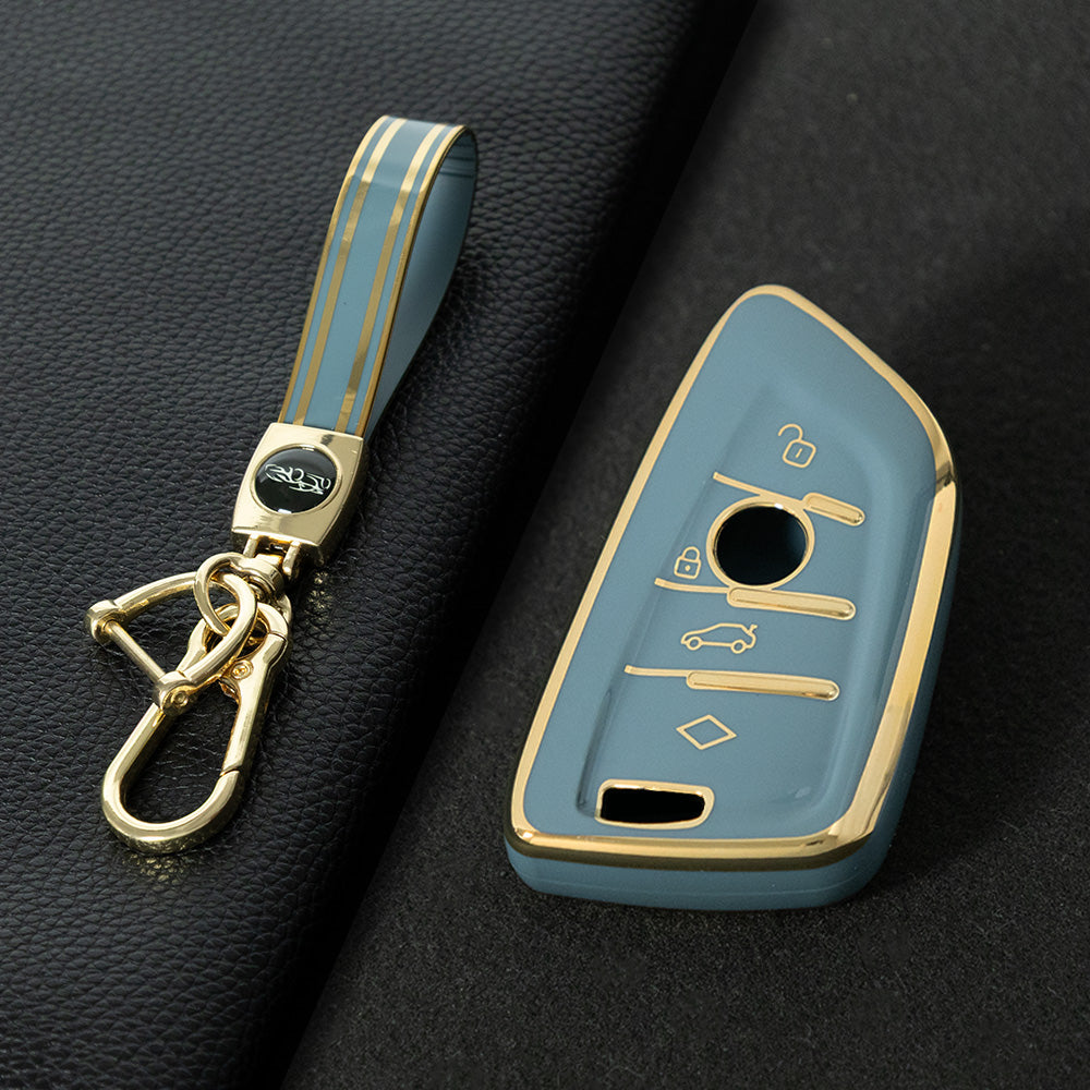 BMB1T1 Granny Grey-Gold Plating Car Key Cover For BMW 1 2 3 4 5 6 7 Series X1 X2 X3 X5 X6 X7 Smart Key Ring Holder Keychain Car Accessories