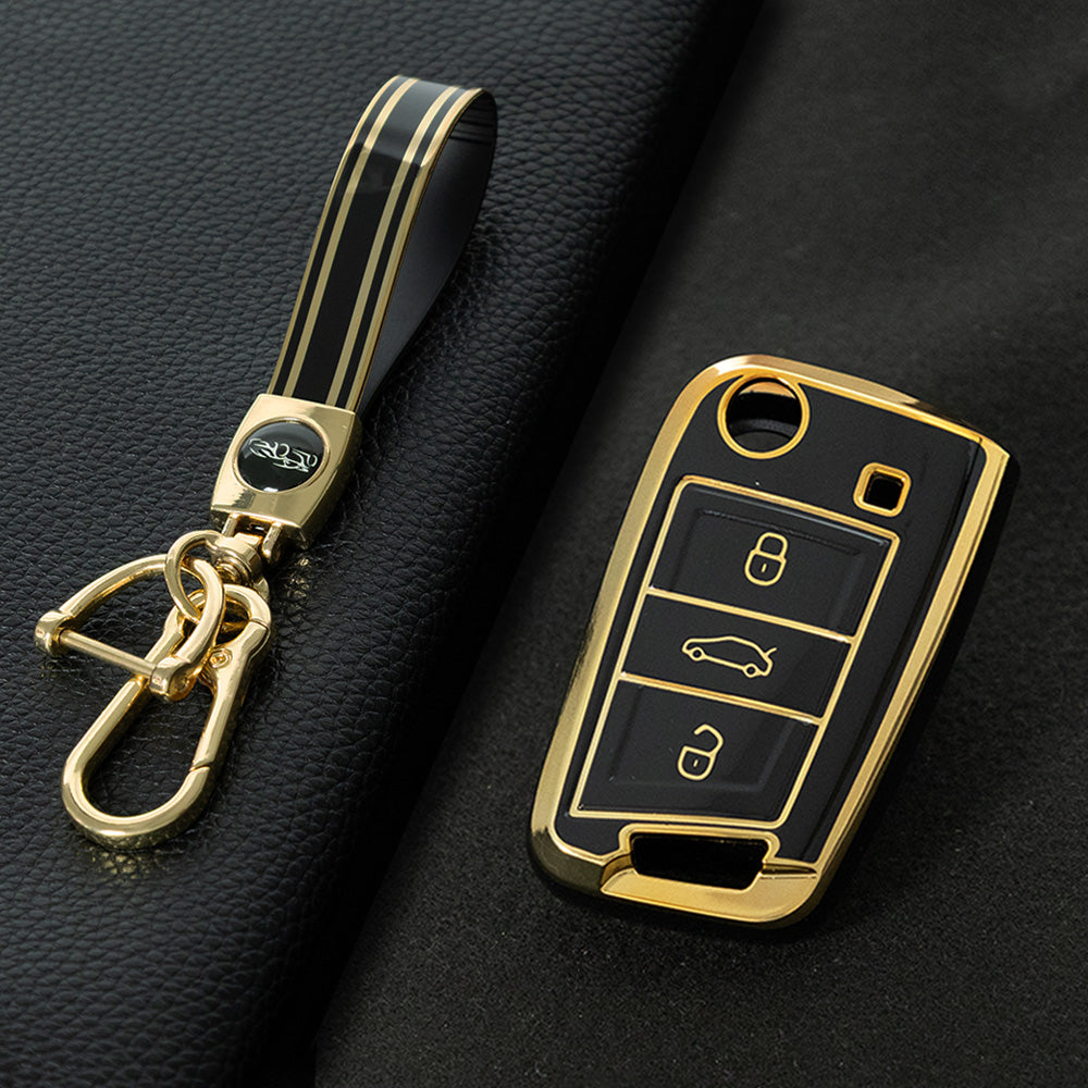 VOA1T1 Black-Gold Plating Car Key Cover For Volkswagen Golf 3 buttons
