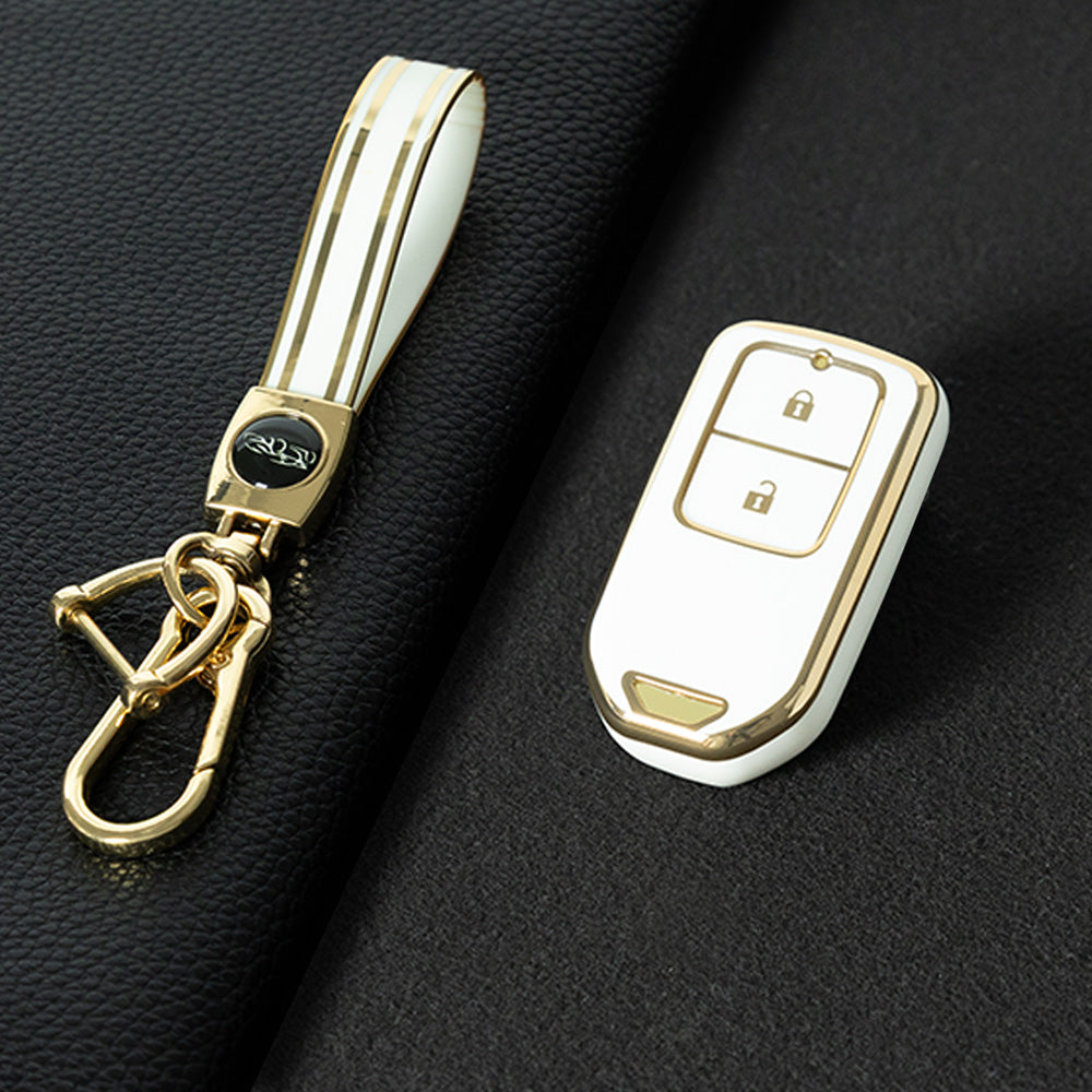 HOA2T1 White-Gold Plating Car Key Cover 2/3/4/5-Button Full-Coverage TPU Key Cover for Honda CR-V/Accord/Civic/Fit/Jade/Odyssey - Anti-Scratch Protective Case