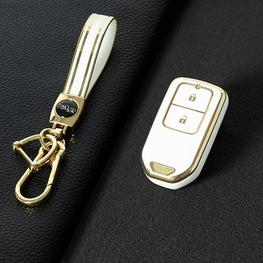 HOA2T1 White-Gold Plating Car Key Cover 2/3/4/5-Button Full-Coverage TPU Key Cover for Honda CR-V/Accord/Civic/Fit/Jade/Odyssey - Anti-Scratch Protective Case