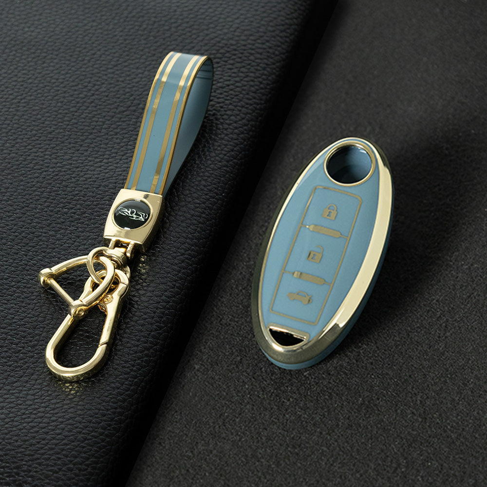 NIB3T1 Granny Grey-Gold Plating Car Key Cover High Quality Soft TPU 3-Button Popular Key Case Cover Shell for Nissan Patrol Tiida Qashqai X-Trail Juke Navara Car Accessory