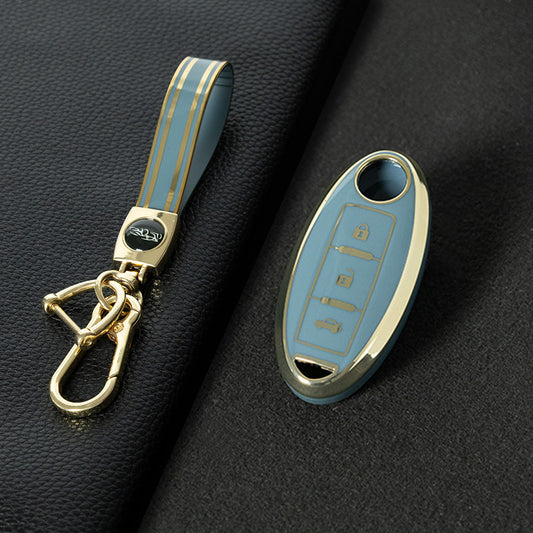 NIB3T1 Granny Grey-Gold Plating Car Key Cover High Quality Soft TPU 3-Button Popular Key Case Cover Shell for Nissan Patrol Tiida Qashqai X-Trail Juke Navara Car Accessory