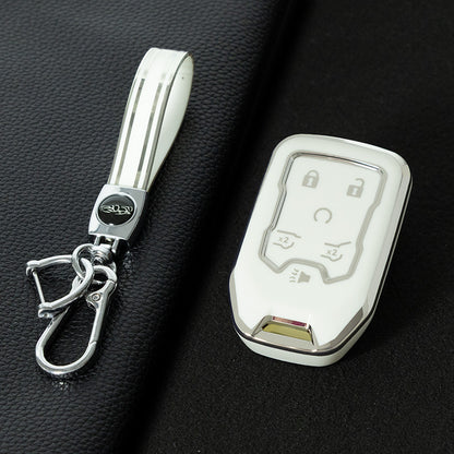 CEB2T1 White-Silver Plating TPU Car Key Case Cover for Chevrolet Colorad Silverado GMC Sierra 1500