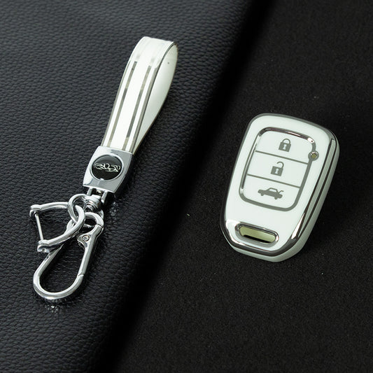 HOM2T1 White-Silver Plating TPU Car Key Case Cover for Honda VEZEL City Fit