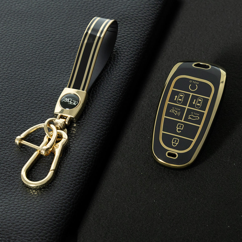 HYE4T1 Black-Gold Plating 7 Buttons TPU Car Smart Key Case Cover for Hyundai Tucson Solaris Sonata Hybrid NEXO NX4 Santafe Dn8 2020 - 2023 Accessories