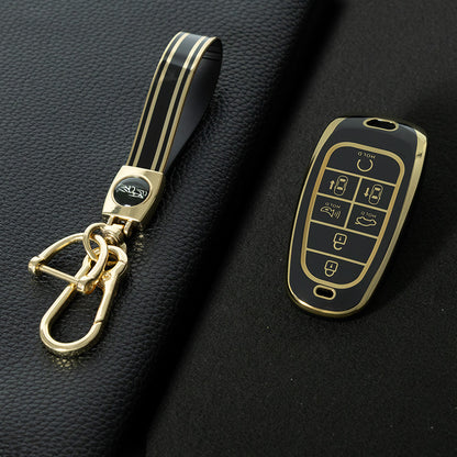 HYE4T1 Black-Gold Plating 7 Buttons TPU Car Smart Key Case Cover for Hyundai Tucson Solaris Sonata Hybrid NEXO NX4 Santafe Dn8 2020 - 2023 Accessories