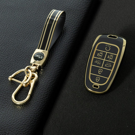 HYE4T1 Black-Gold Plating 7 Buttons TPU Car Smart Key Case Cover for Hyundai Tucson Solaris Sonata Hybrid NEXO NX4 Santafe Dn8 2020 - 2023 Accessories
