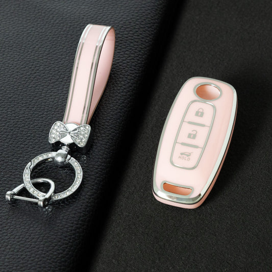 NIA2T1 Pink-Silver Plating TPU Car Key Cover Car Key Case for Nissan Altima Murano Sentra Rogue Armada Pathfinder Infiniti FX35