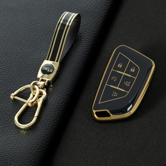 CAB1T1 Black-Gold Plating TPU Premium Soft Car Key Case Cover Shell for Cadillac XT5 XT4 XT6 CT5 CT6 CT4 XTS ATSL SRX Key Ring Keychain Bag Accessory