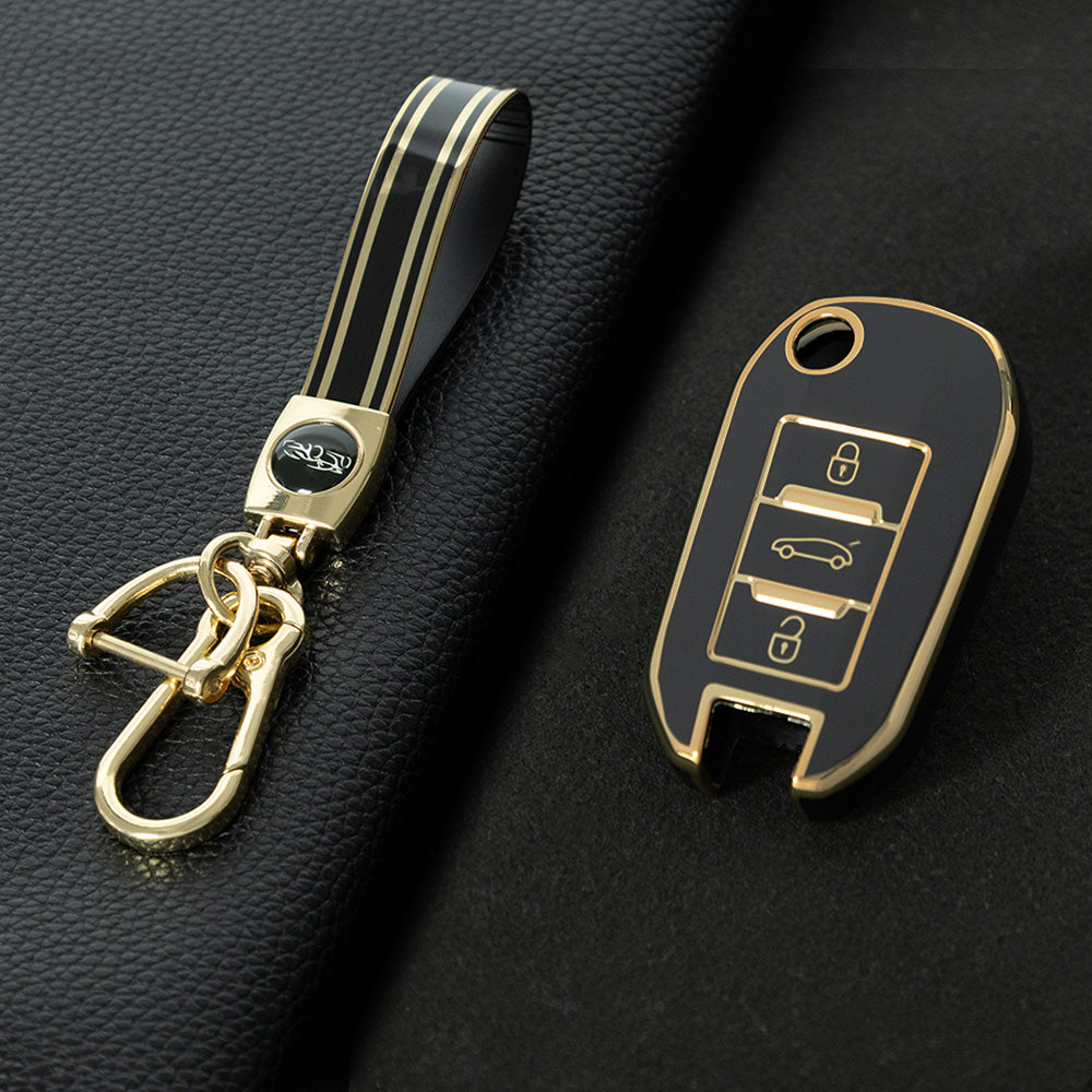 PUB1T1 Black-Gold Plating Car Key Cover TPU Car Key Case Cover with Keychain for Peugeot 408 508 2008 3008 4008 5008 Car Accessories Key Holder