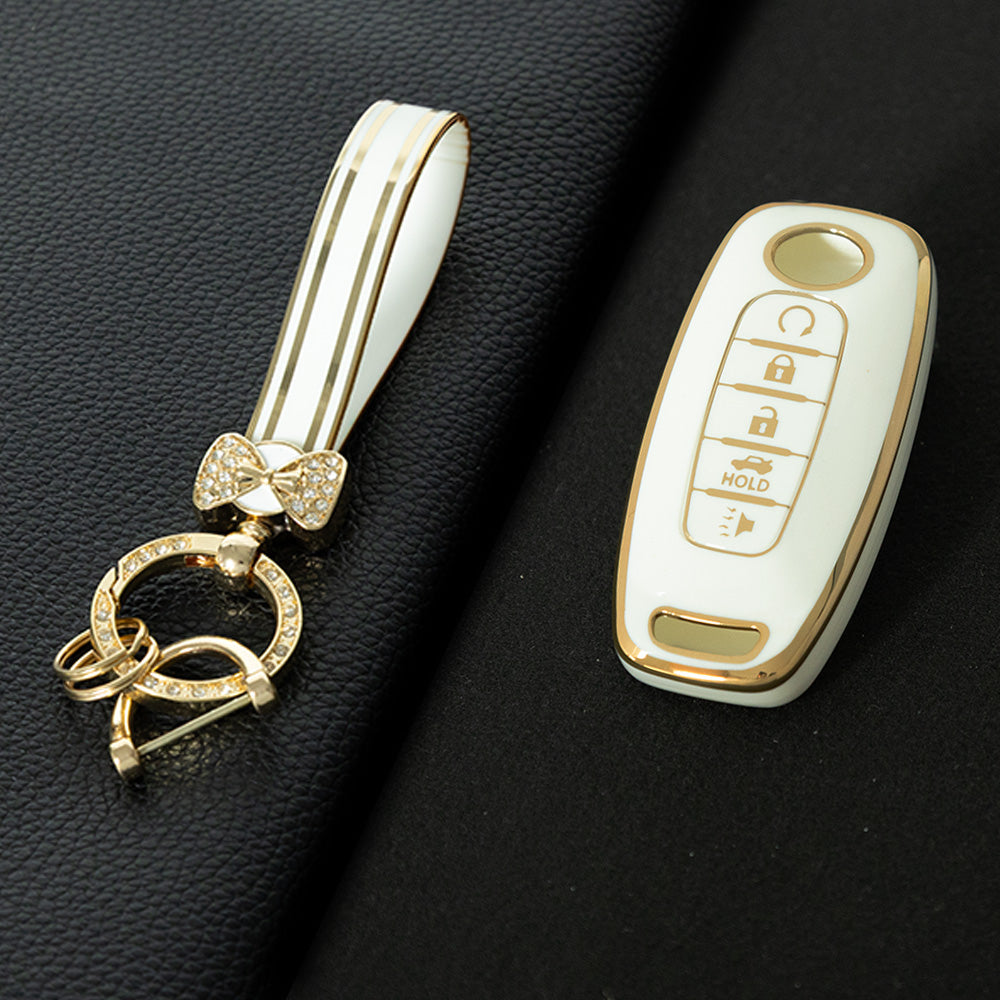 NIA3T1 White-Gold Plating TPU Car Key Cover Soft Key Shell Fob Holder Suitable for Nissan Sylphy Bluebird Teana X-Trail Murano GTR