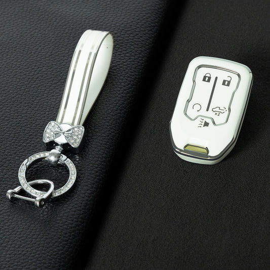 CEB1T1 White-Silver Plating Remote Shell Fob Holder TPU Key Cover Case for Sierra Terrain Acadia Chevrolet Tahoe 2012-2016 for Car