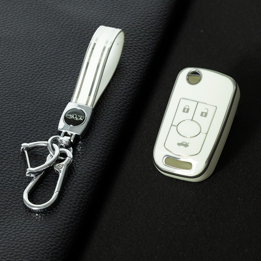 BUD1T1 White-Silver Plating TPU Premium Soft Car Key Case Cover Shell for Buick Old LaCrosse 06 07 08 Year Fold Protection Key Rings Keychain Bag Accessory