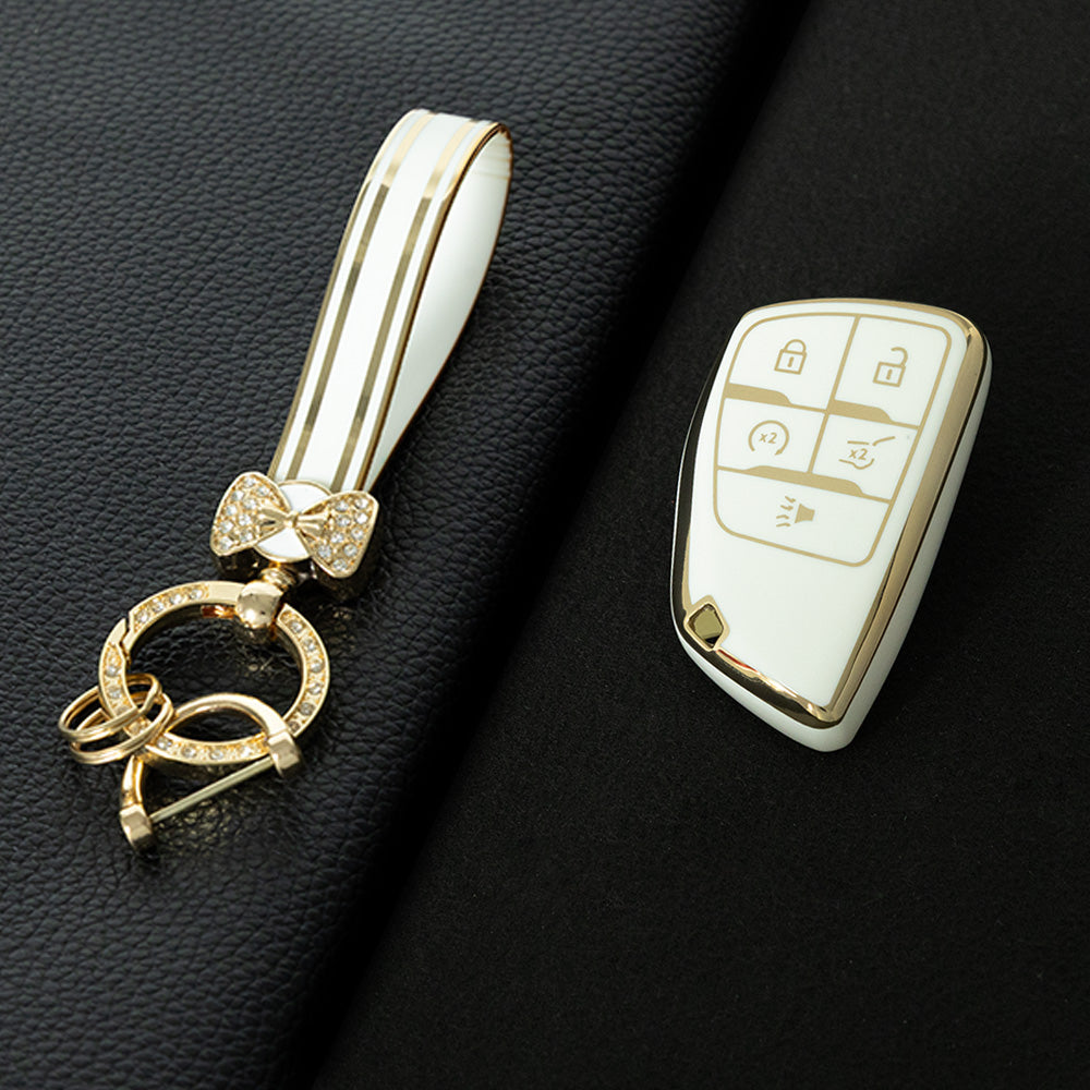 CEV3T1 White-Gold Plating Car Key Cover Tpu Car Key Case Fob Cover Shell for Chevrolet Tahoe Suburban for GMC Yukon for Buick ENVISION S Plus Avenir 2020 2021 2022 2023