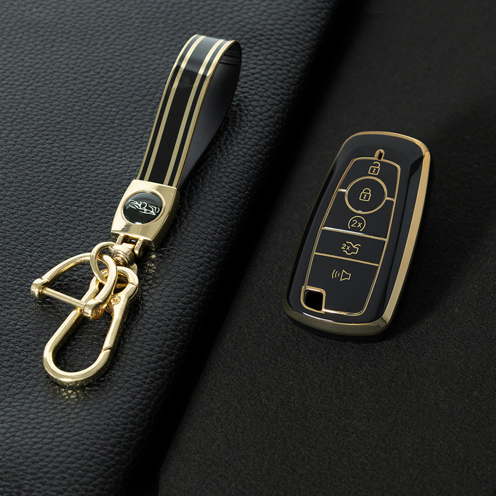 FOB4T1 Black-Gold Plating Car Key Cover Car Key Case Cover for Ford Fiesta Mk8 MK3 MK7 Puma Focus 2 3 MK3 Mk4 Mondeo Mk5 Mk4 Explorer Ecosport Kuga C MAX Bronco Mustang