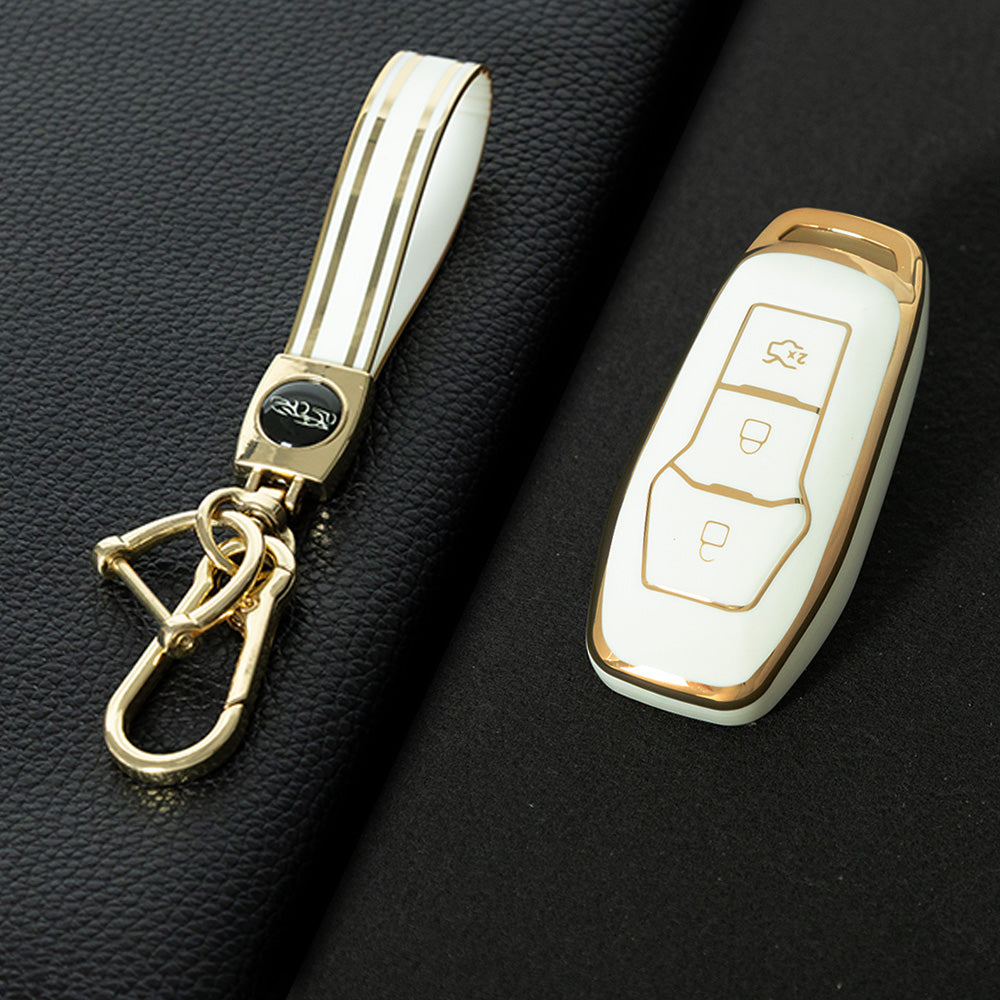 FOU3T1 White-Gold Plating Soft Shell Fob Holder TPU Car Key Cover Case for Ford Fusion Mondeo Mustang F-150 Explorer Edge 2015 2016