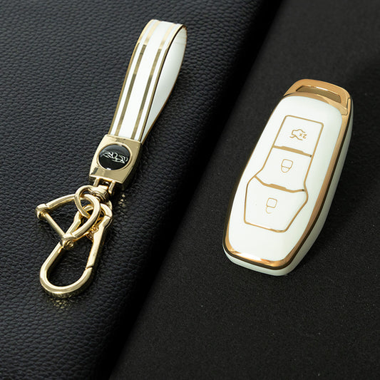 FOU3T1 White-Gold Plating Soft Shell Fob Holder TPU Car Key Cover Case for Ford Fusion Mondeo Mustang F-150 Explorer Edge 2015 2016