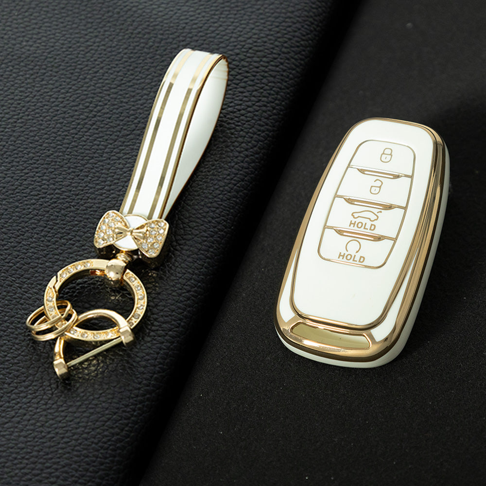 HNB1T1 White-Gold Plating Soft TPU Car Key Case Cover Shell for Hongqi BESTURN B50 B70 E-HS3 H5 H7 Saloon H9 HQ3 HS5 HS7 SHENGSHI Key Rings Keychain Bag