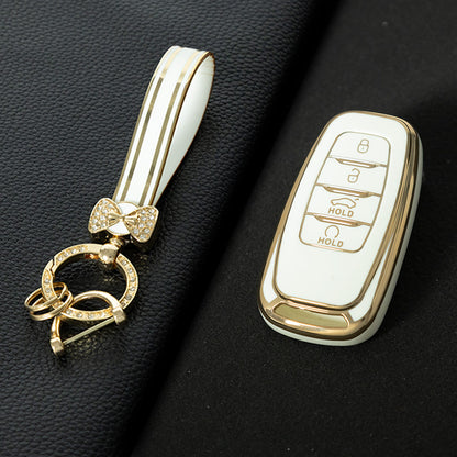 HNB1T1 White-Gold Plating Soft TPU Car Key Case Cover Shell for Hongqi BESTURN B50 B70 E-HS3 H5 H7 Saloon H9 HQ3 HS5 HS7 SHENGSHI Key Rings Keychain Bag