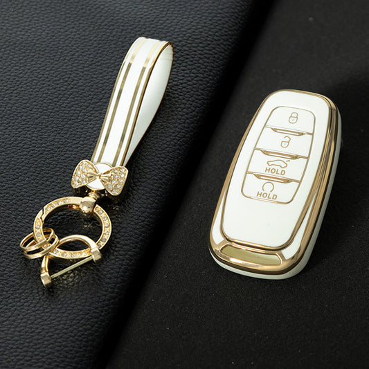 HNB1T1 White-Gold Plating Soft TPU Car Key Case Cover Shell for Hongqi BESTURN B50 B70 E-HS3 H5 H7 Saloon H9 HQ3 HS5 HS7 SHENGSHI Key Rings Keychain Bag