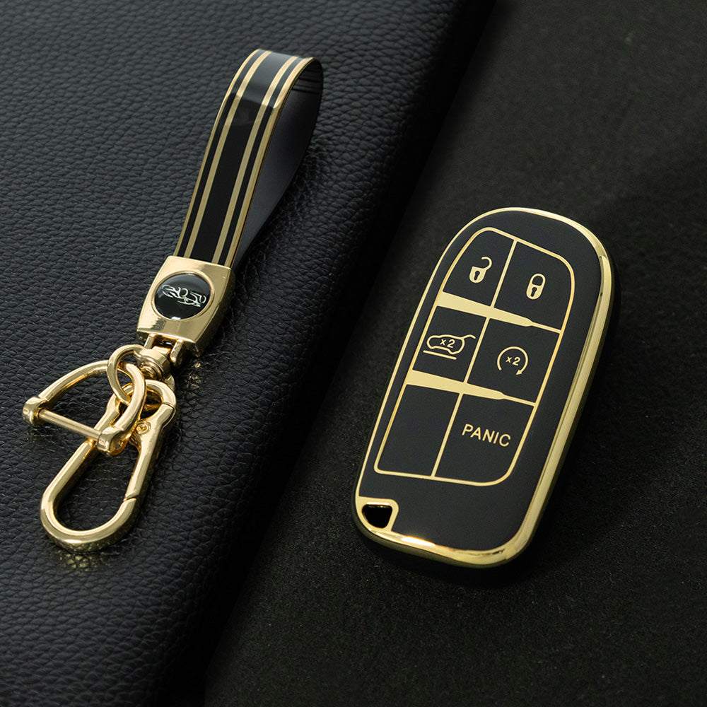 JEA4T1 Black-Gold Plating Car Key Cover New TPU Car Key Case Cover for Jeep Renegade Grand Cherokee for Dodge Ram Charger 1500 Challenger Chrysler 300C Journey