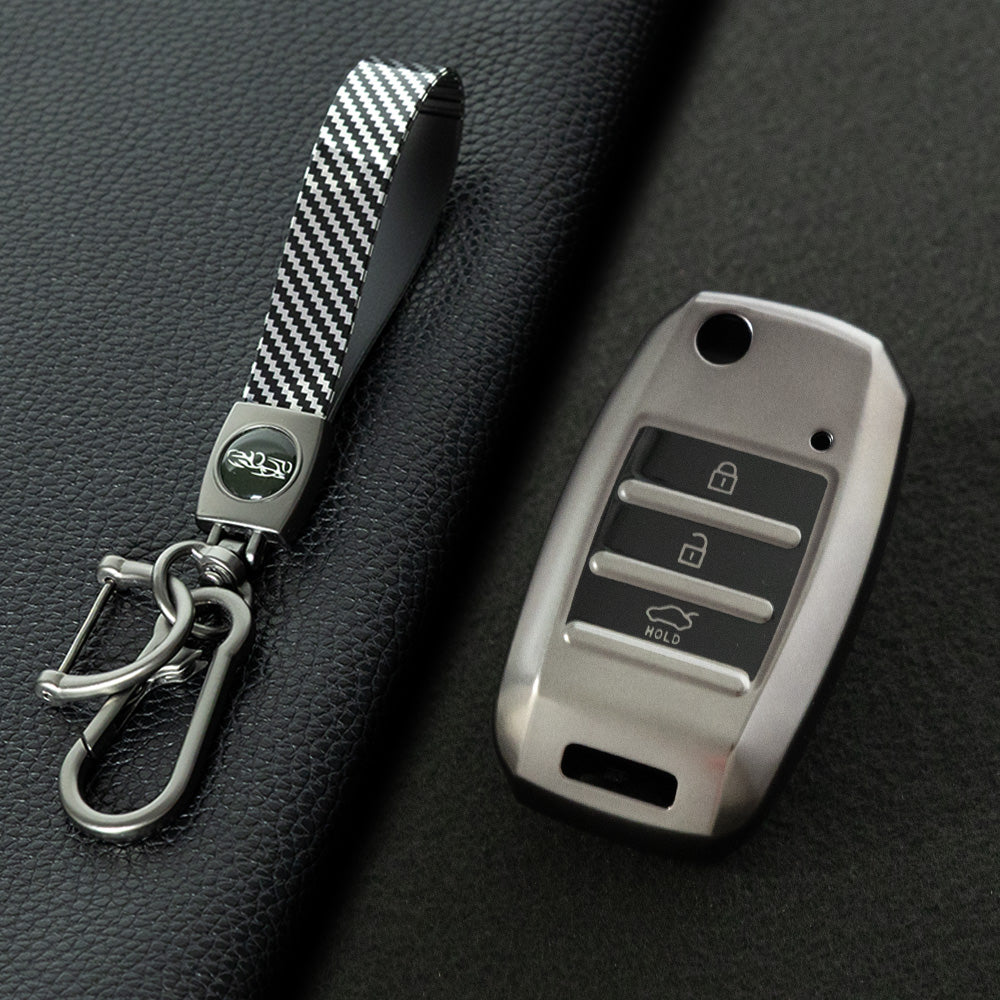 KIE1T1 Black-Metal Gray Plating Car Key Cover Fashionable Soft TPU Key Fob Cover for Kia Rio K3 2014-2016 Model-Year Protective Car Key Accessory