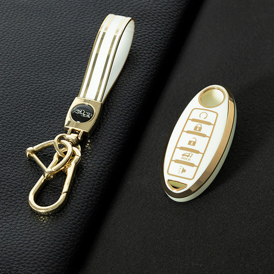 NIB6T1 White-Gold Plating Car Key Cover Silver Edge TPU Car Key Cover Keychain Fob Case Accessories for Nissan Note Qashqai Pathfinder Rogue Versa Infiniti Q50 Kia