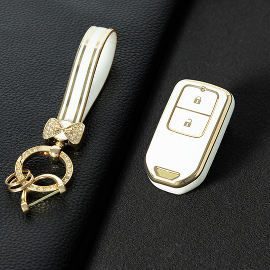 HOA2T1 White-Gold Plating Car Key Cover 2/3/4/5-Button Full-Coverage TPU Key Cover for Honda CR-V/Accord/Civic/Fit/Jade/Odyssey - Anti-Scratch Protective Case