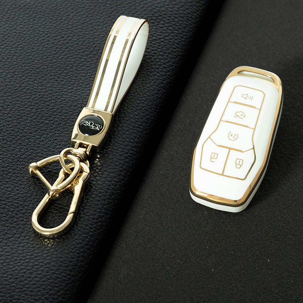 FOC2T1 White-Gold Plating Soft Tpu Car Key Case Fob Cover for Ford Fusion Mondeo Mustang F-150 Explorer Edge 2015 2016 2017 2018 Car Accessories
