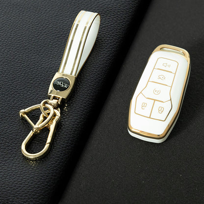 FOC2T1 White-Gold Plating Soft Tpu Car Key Case Fob Cover for Ford Fusion Mondeo Mustang F-150 Explorer Edge 2015 2016 2017 2018 Car Accessories