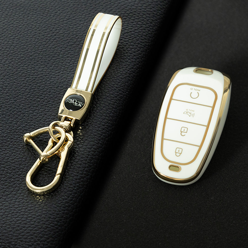 HYE6T1 White-Gold Plating TPU Car Key Case Cover for Hyundai Tucson 2022 Santa Fe NEXO NX4 Atos Prime Solaris