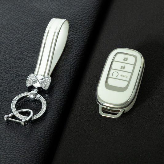 HOB3T1 White-Silver Plating Car Key Cover TPU Remote Key Fob Cover 4-button Car Key Case Protective Accessories Suitable for Honda Accord Civic HR-V CR-V Pilot Odyssey