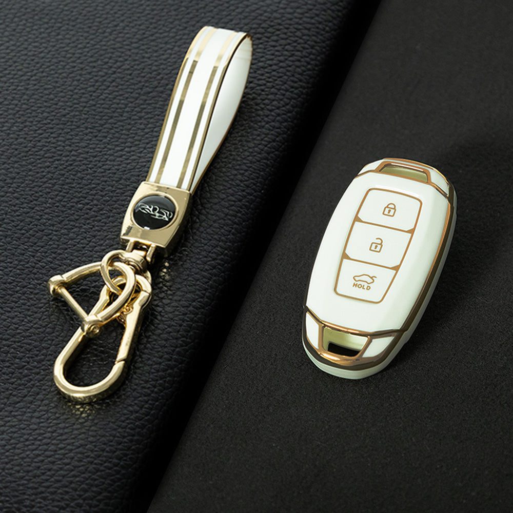 HYA1T1 White-Gold Plating Car Key Cover 3 Buottons TPU Car Key Case Cover Shell Fob Holder for Hyundai Palisade Limited Palisade Elantra Sel Elantra Santa Fe Veloster